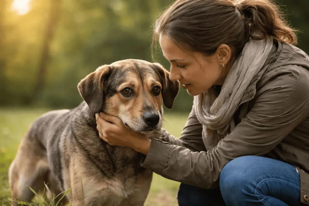 Owner bonding with shy dog outside