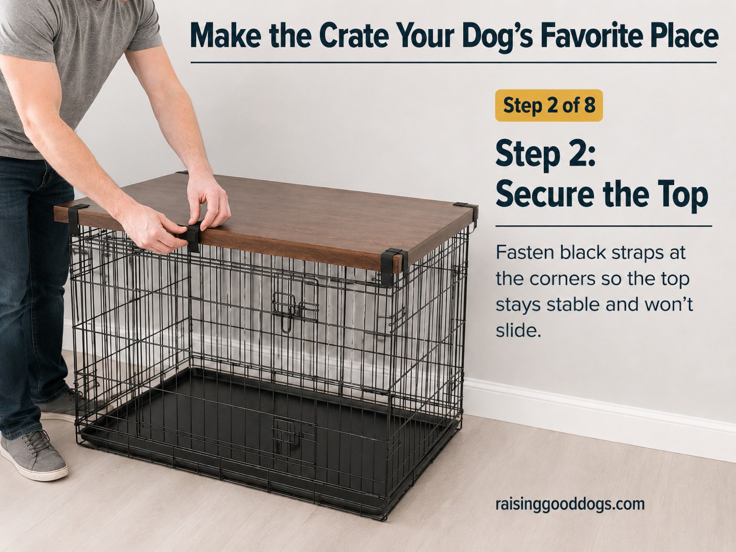 Fastening black corner straps to secure the wood top so the crate stays stable for your dog.