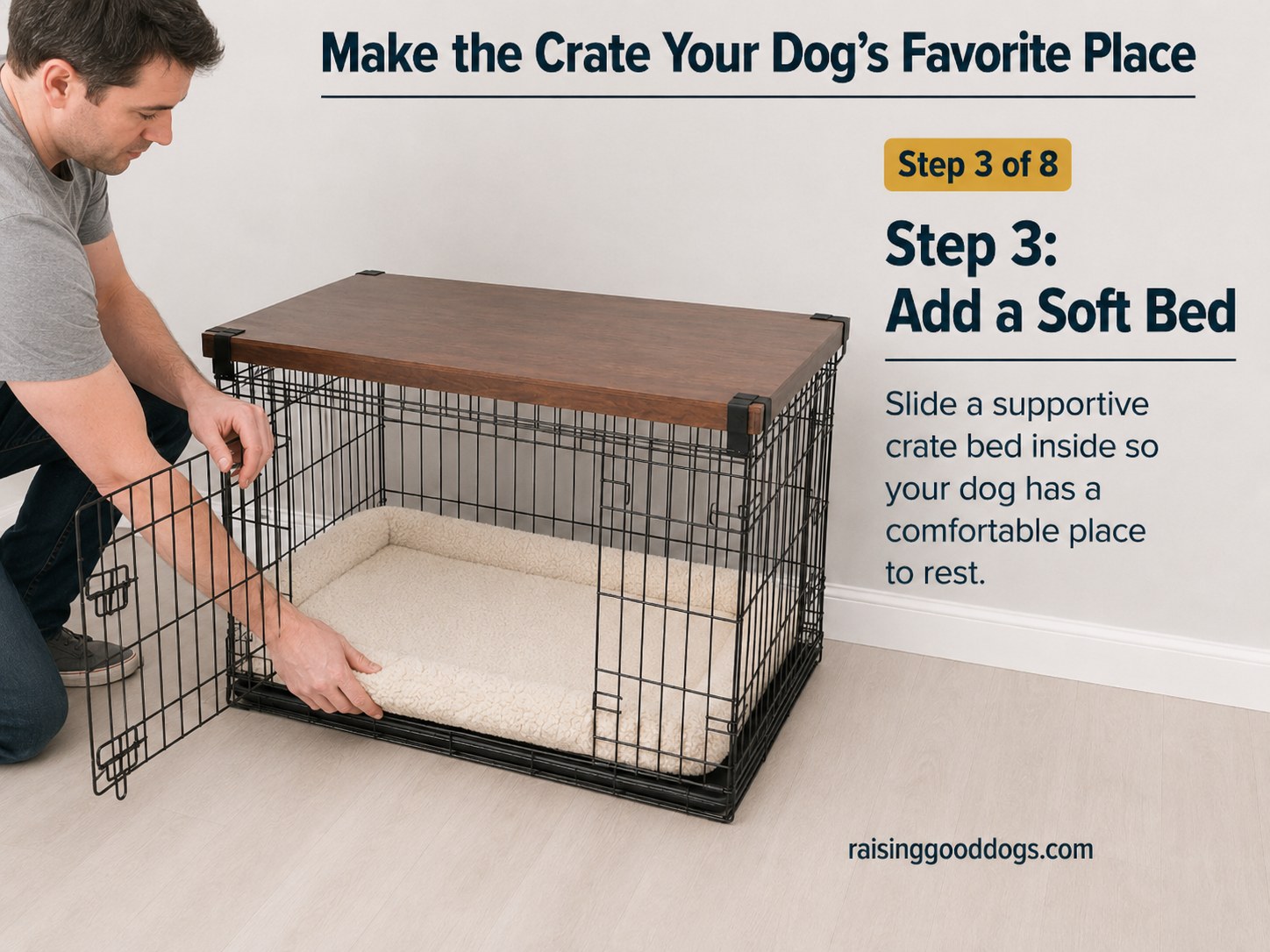 Sliding a supportive crate bed inside the wire crate to start building a comfortable resting spot.