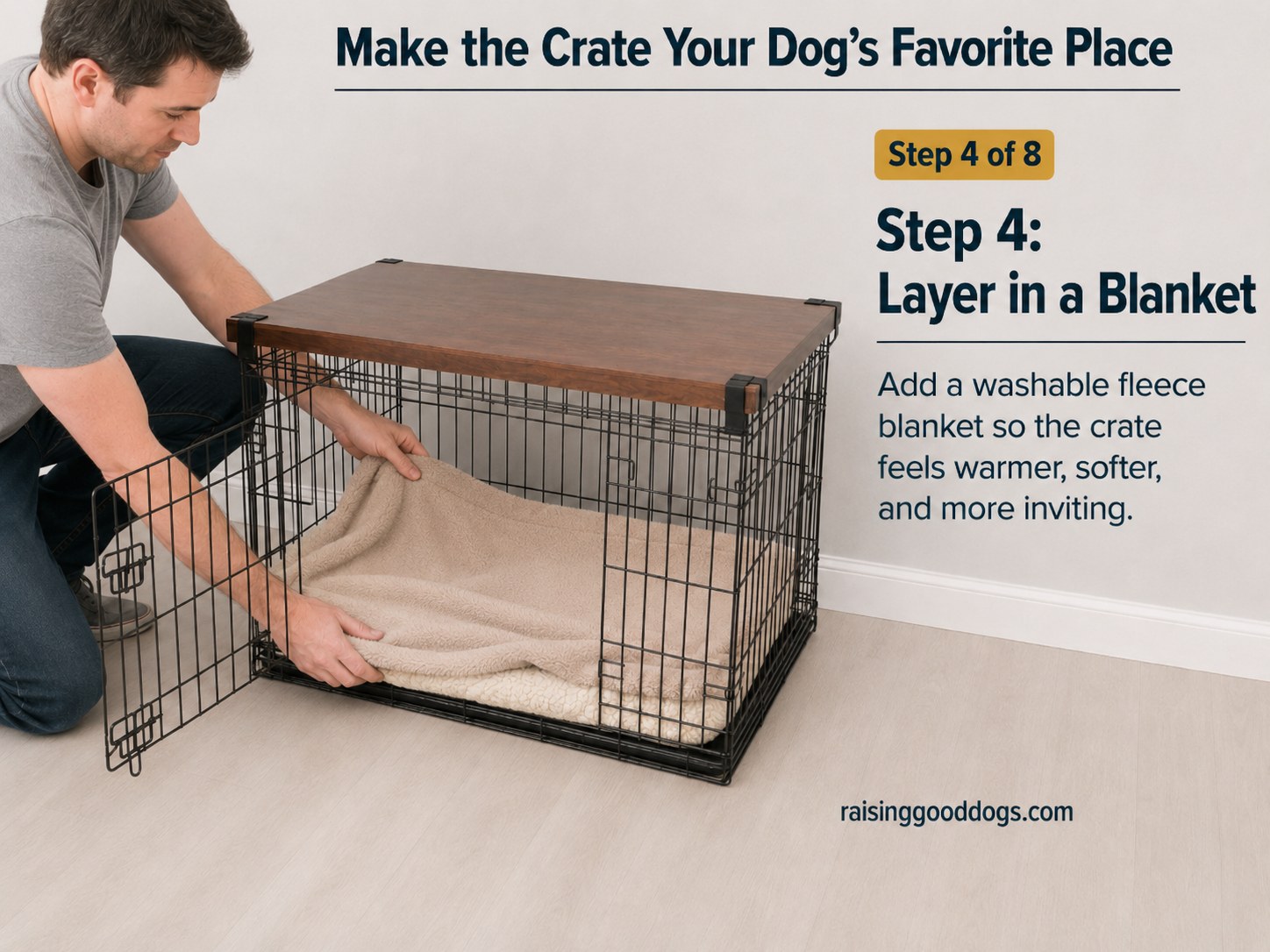 Layering a washable fleece blanket over the crate bed for extra warmth and softness.