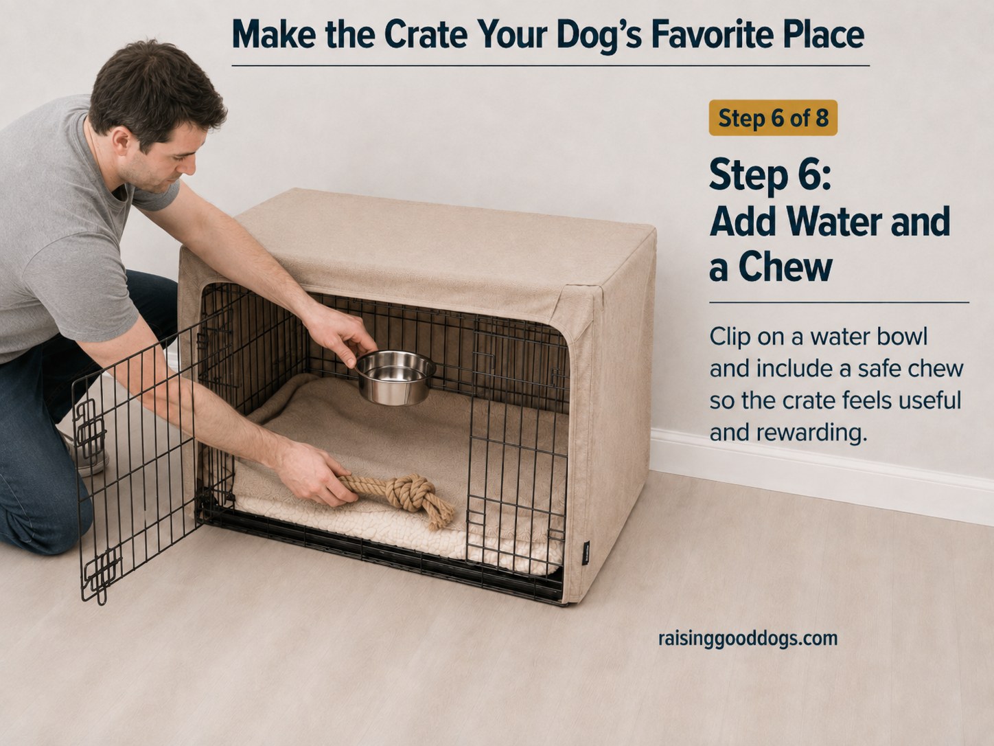 Clipping a water bowl and adding a chew inside the covered crate to make it feel rewarding.