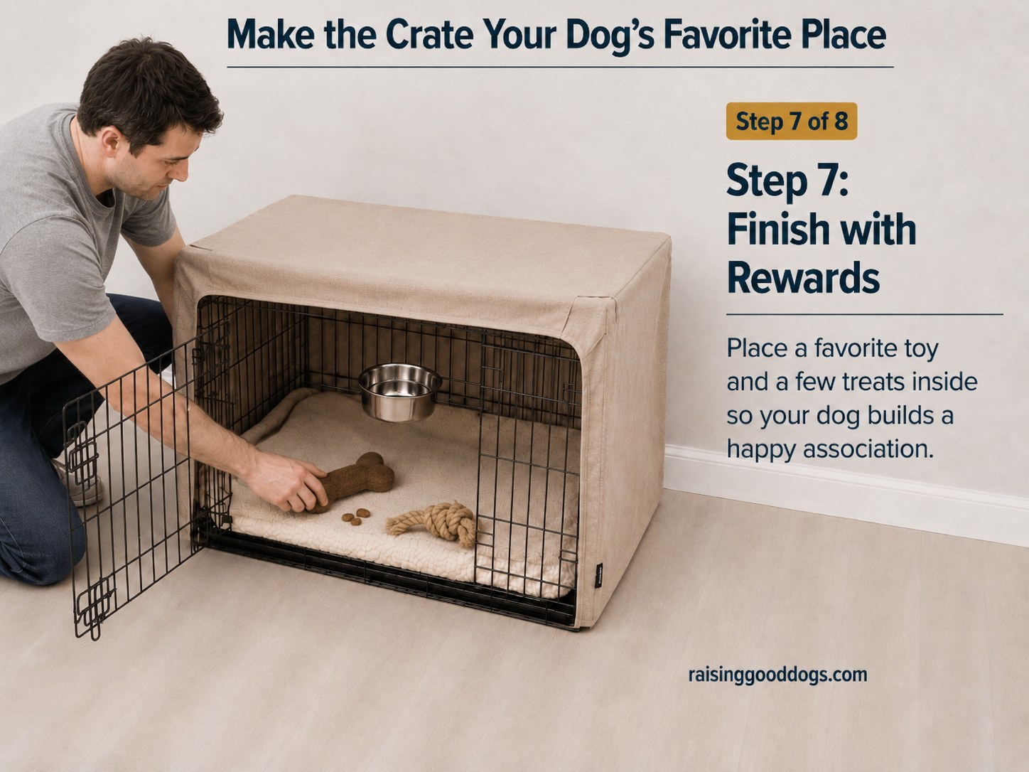 Scattering treats and a favorite toy inside the open crate to build a happy association.