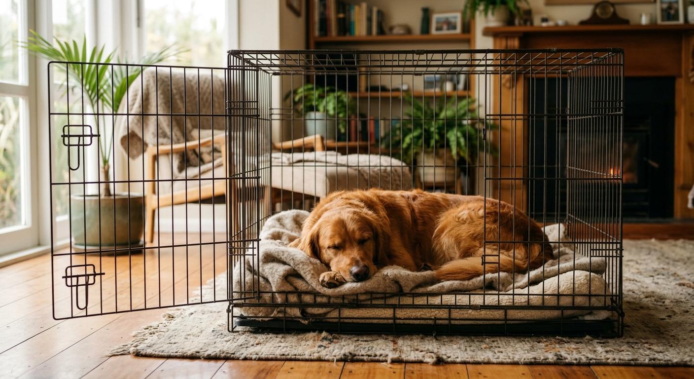 Dog resting in crate during separation anxiety training