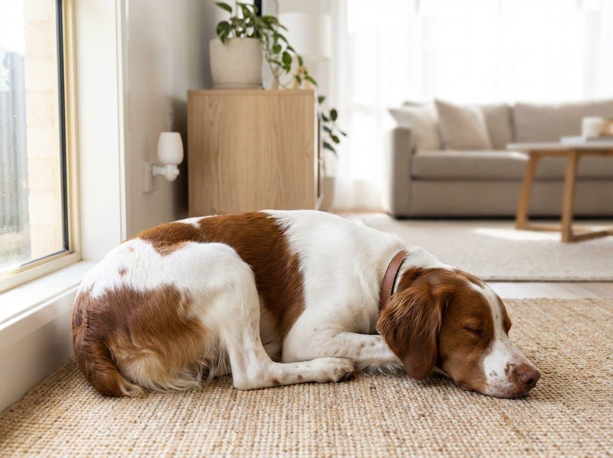 Happy dog relaxing alone after separation anxiety support