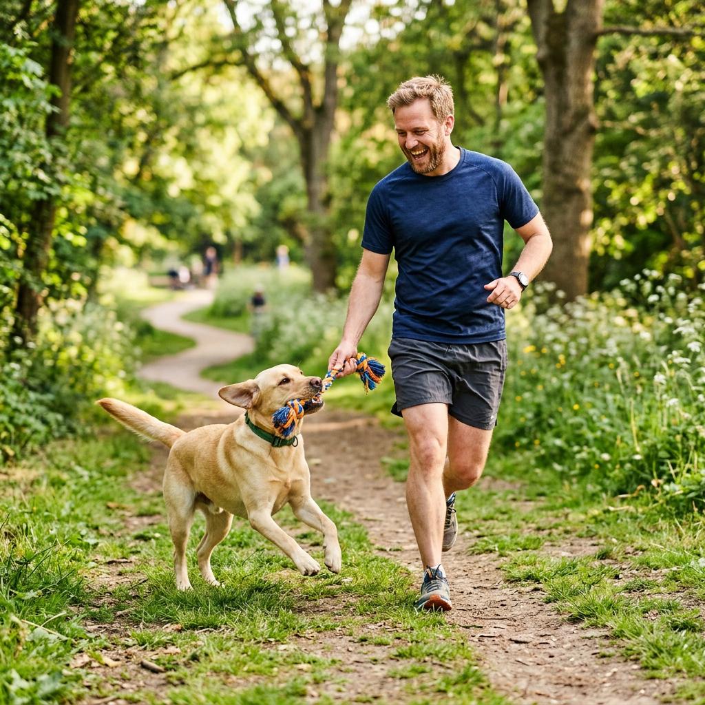 Owner exercising dog while managing separation anxiety