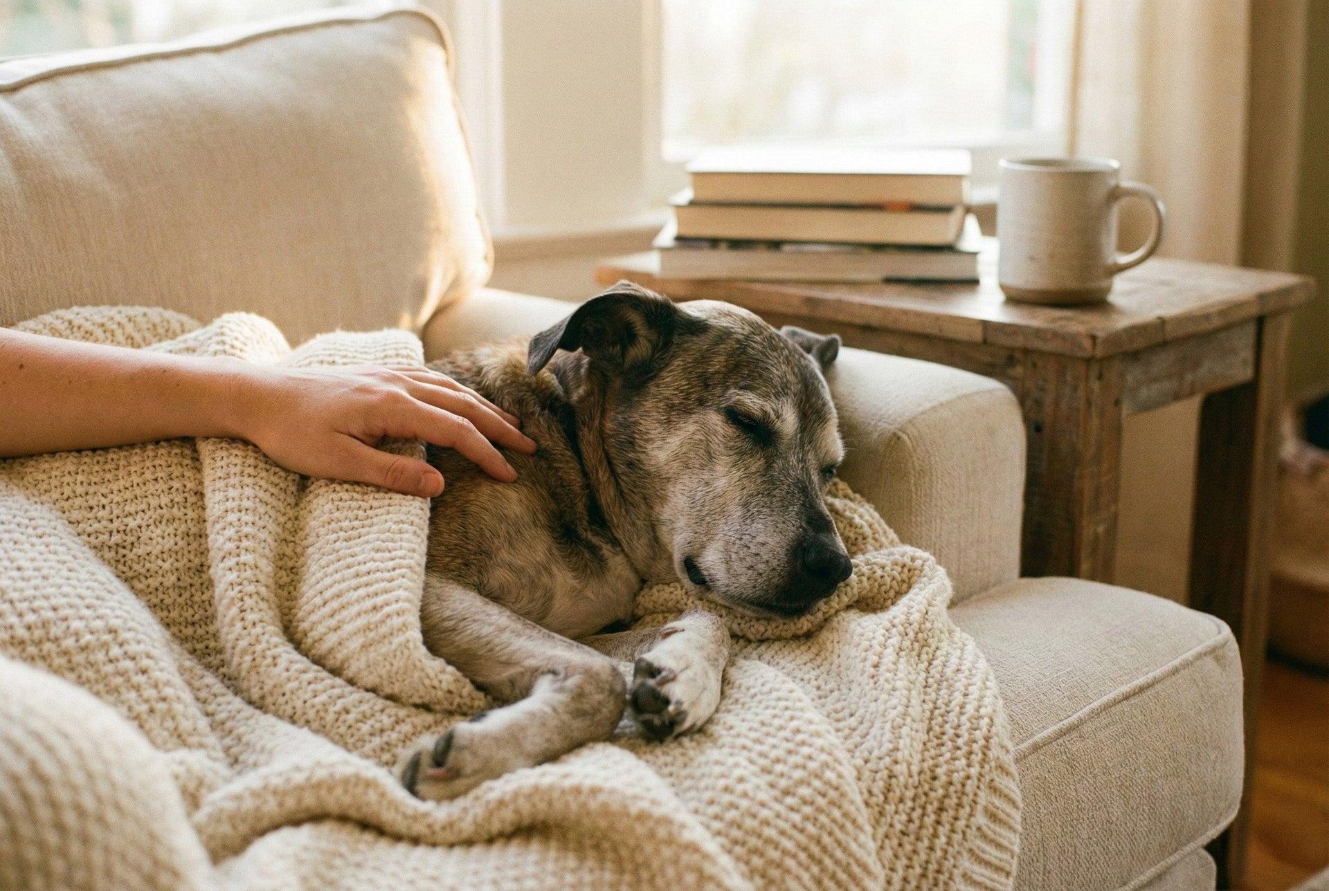 Older dog resting during separation anxiety assessment