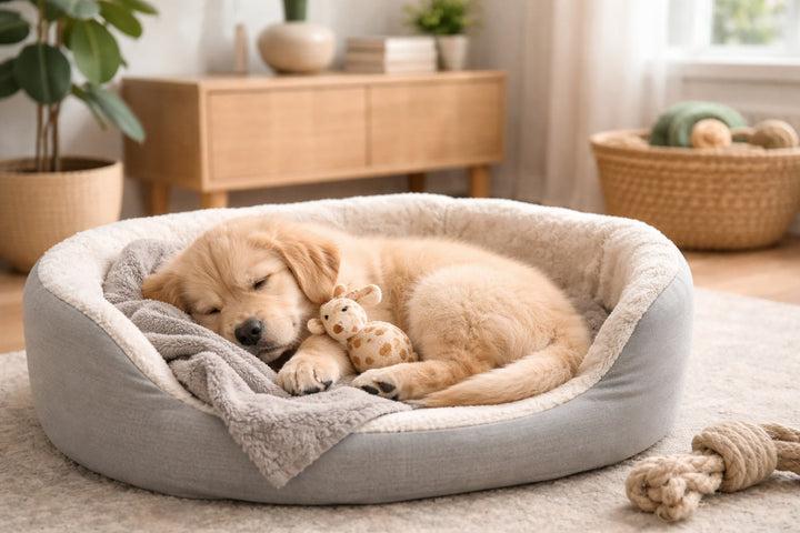 Sleeping puppy in cozy bed
