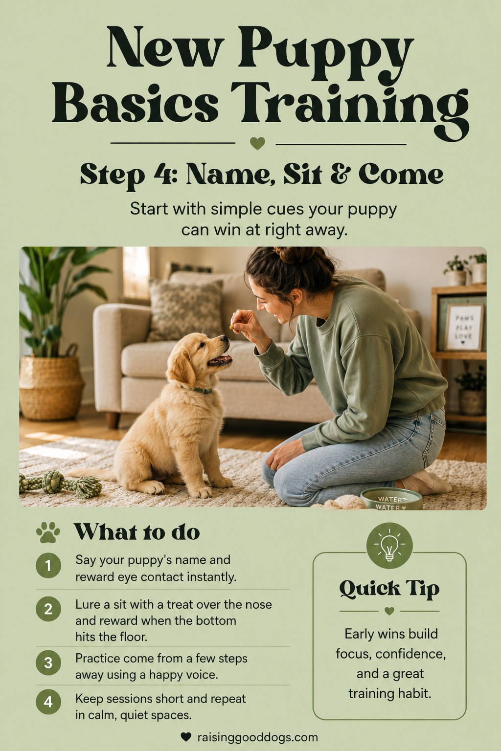 A trainer rewards a puppy with a treat for eye contact while teaching name, sit, and come cues.