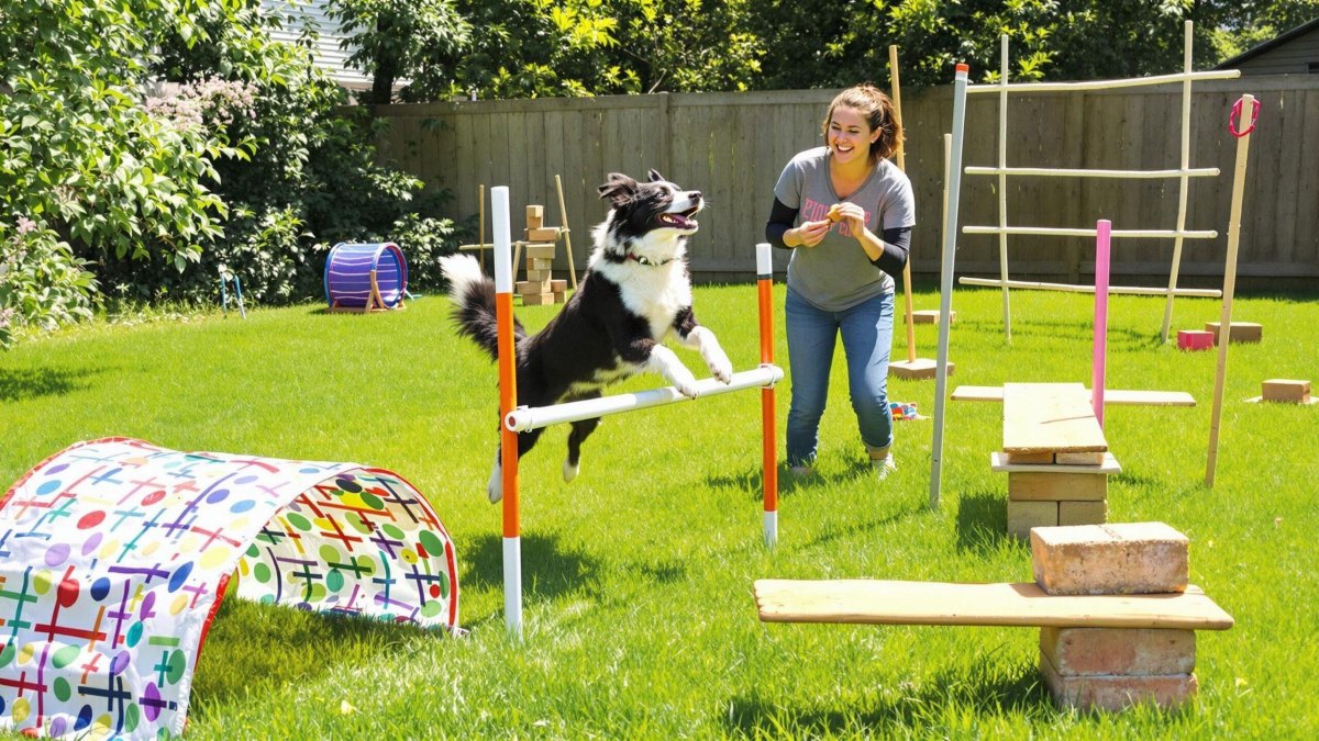 Dog completing backyard obstacle course