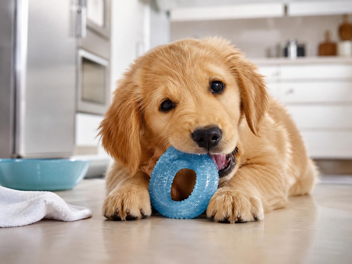 Puppy eating frozen teething treat