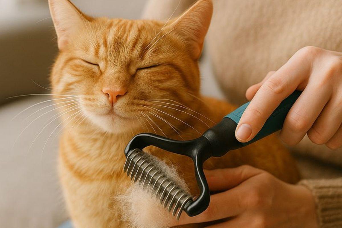 Cat being brushed with grooming rake