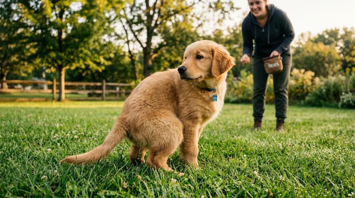 Puppy learning potty training outdoors