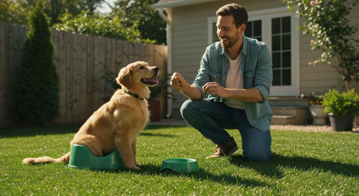 Puppy potty training outdoors with owner