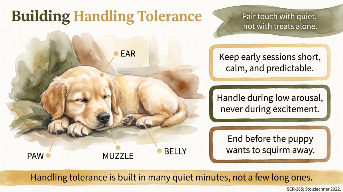 Puppy calmly accepting gentle handling