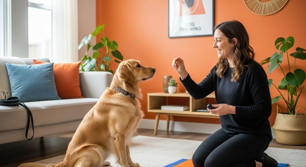 Dog training calmly indoors