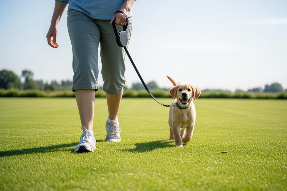 Puppy walking calmly beside owner on a daily walk