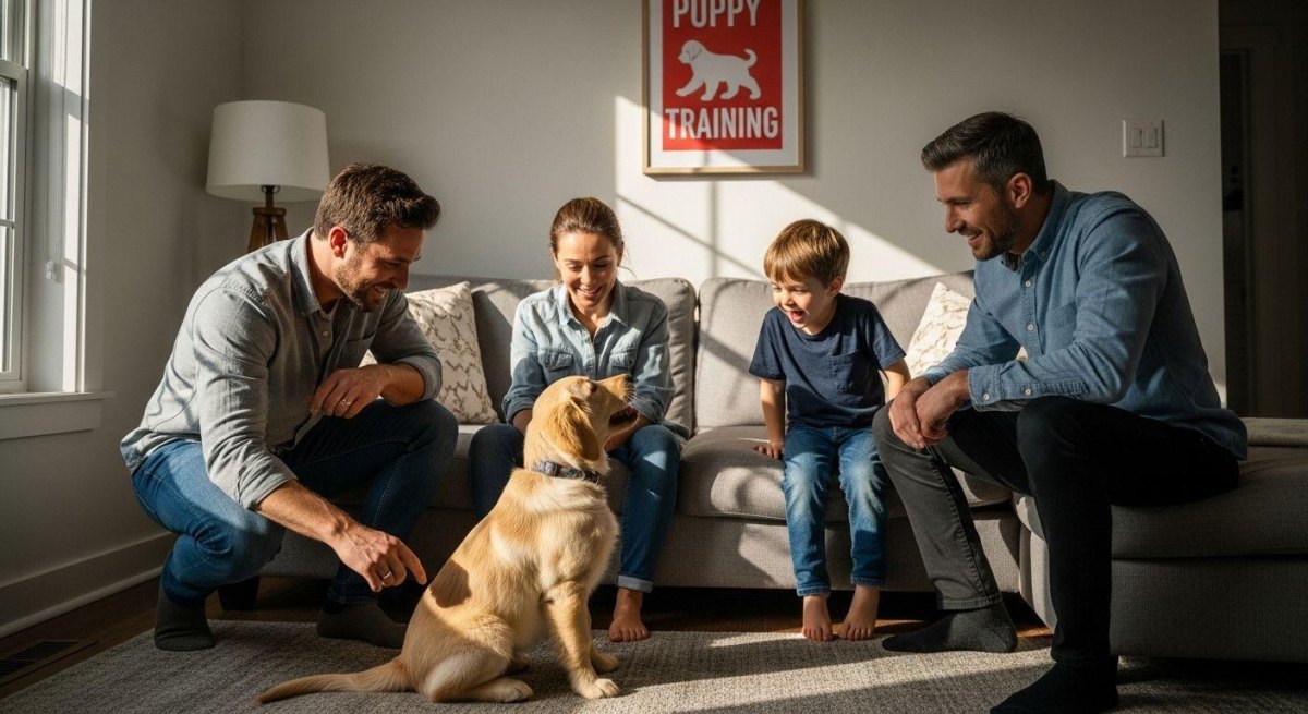Puppy greeting visitors calmly