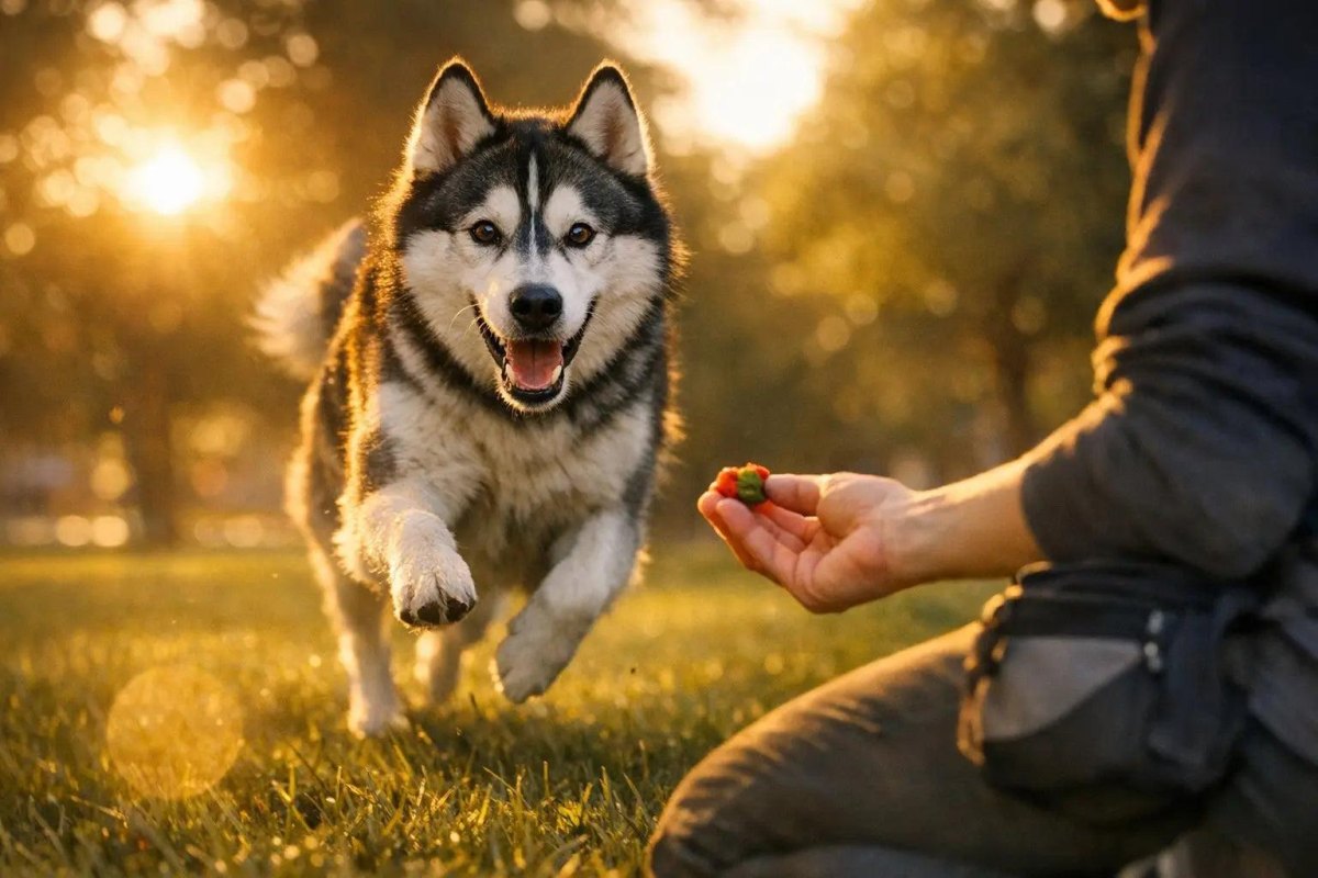 Dog running toward owner during recall game