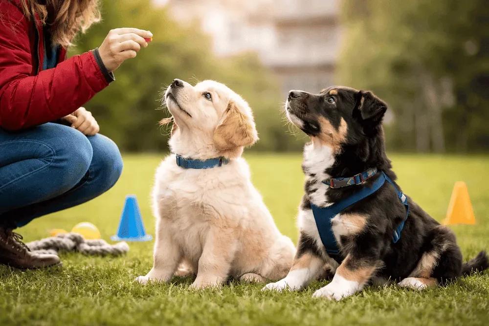 Puppy calmly observing another dog