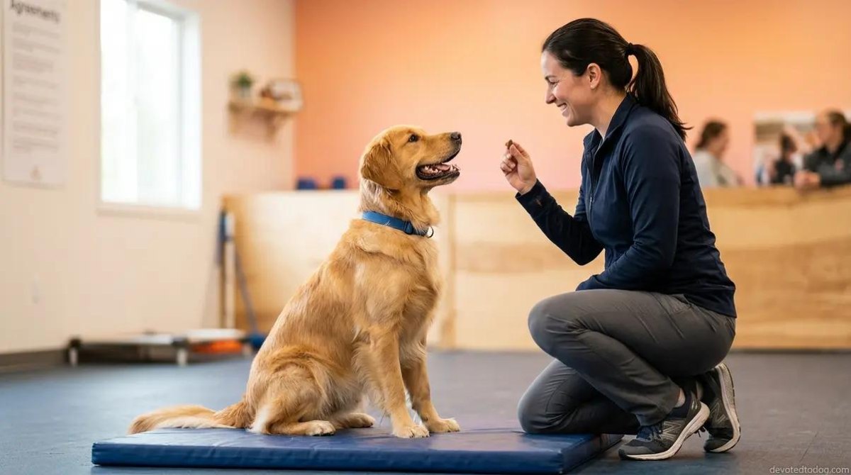Dog focusing during balance training