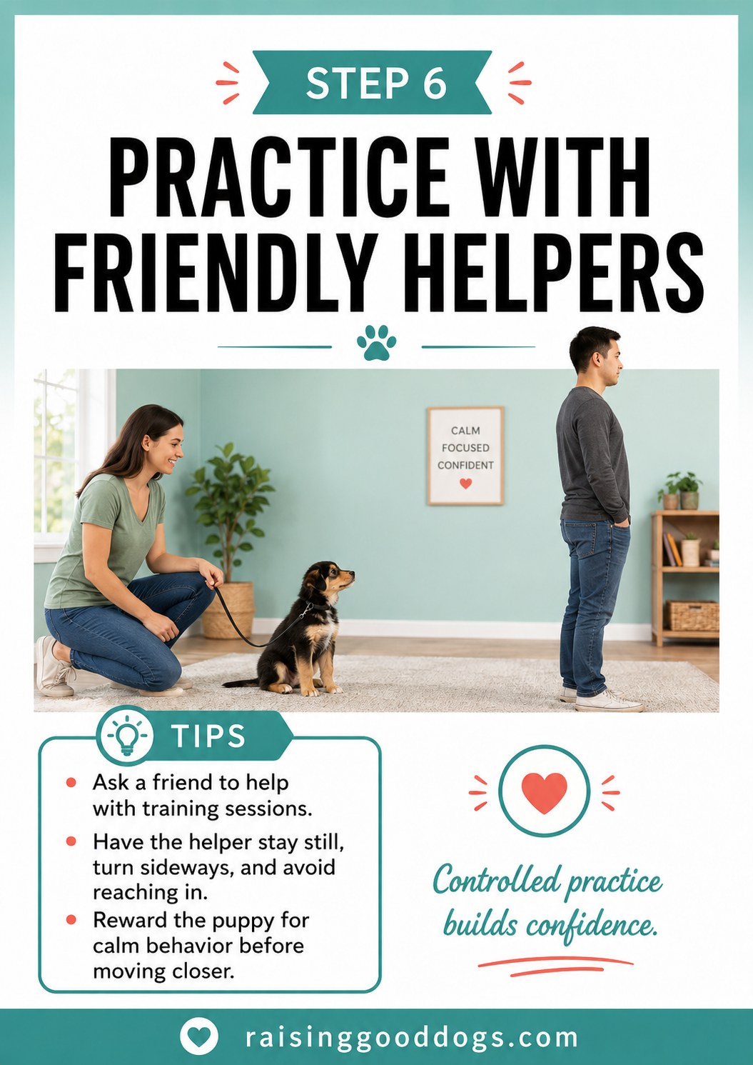 A puppy practices calm greetings with a friendly helper who stands still and sideways indoors