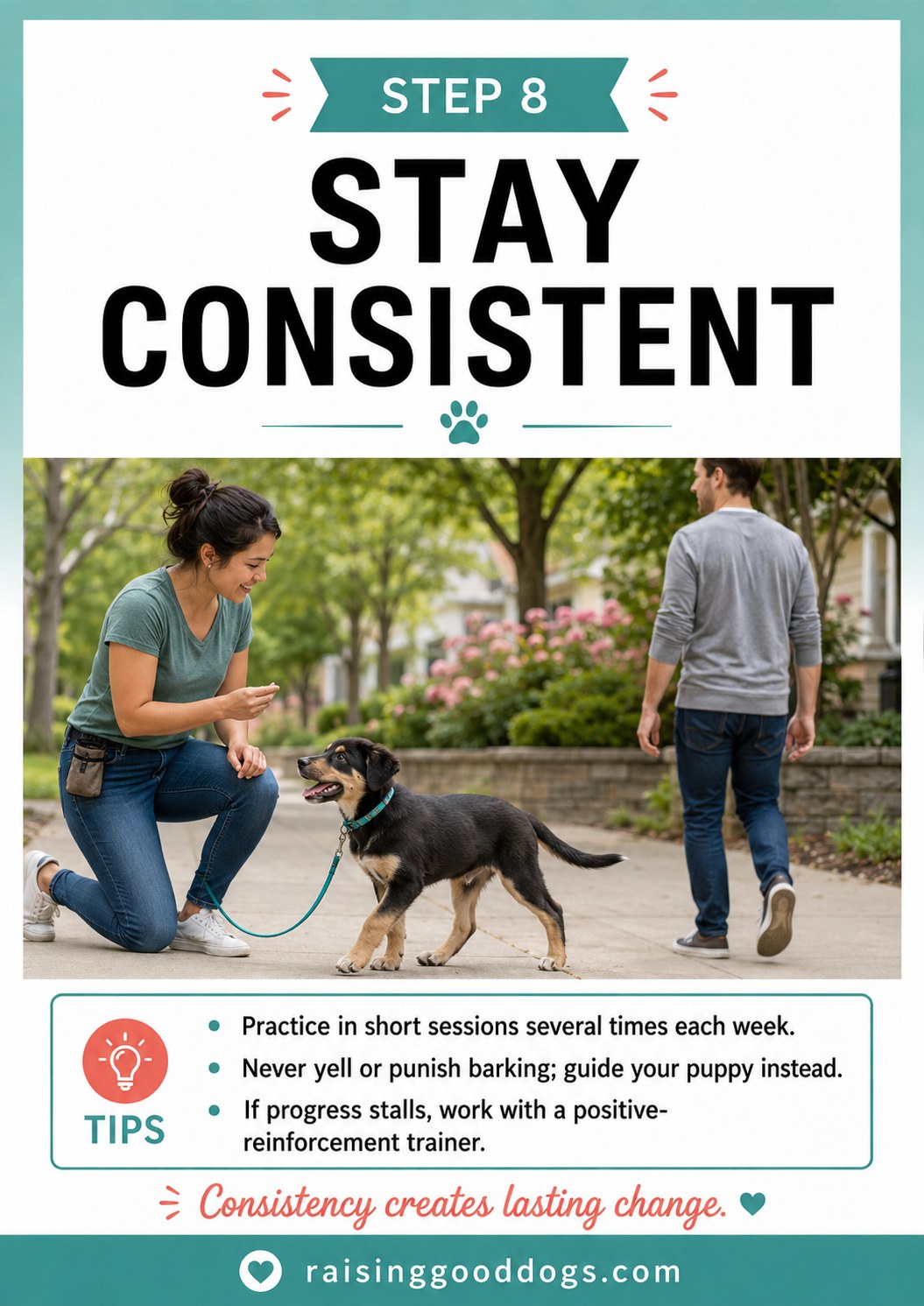 An owner rewards her puppy's calm walk past people, reinforcing consistent stranger-barking training progress