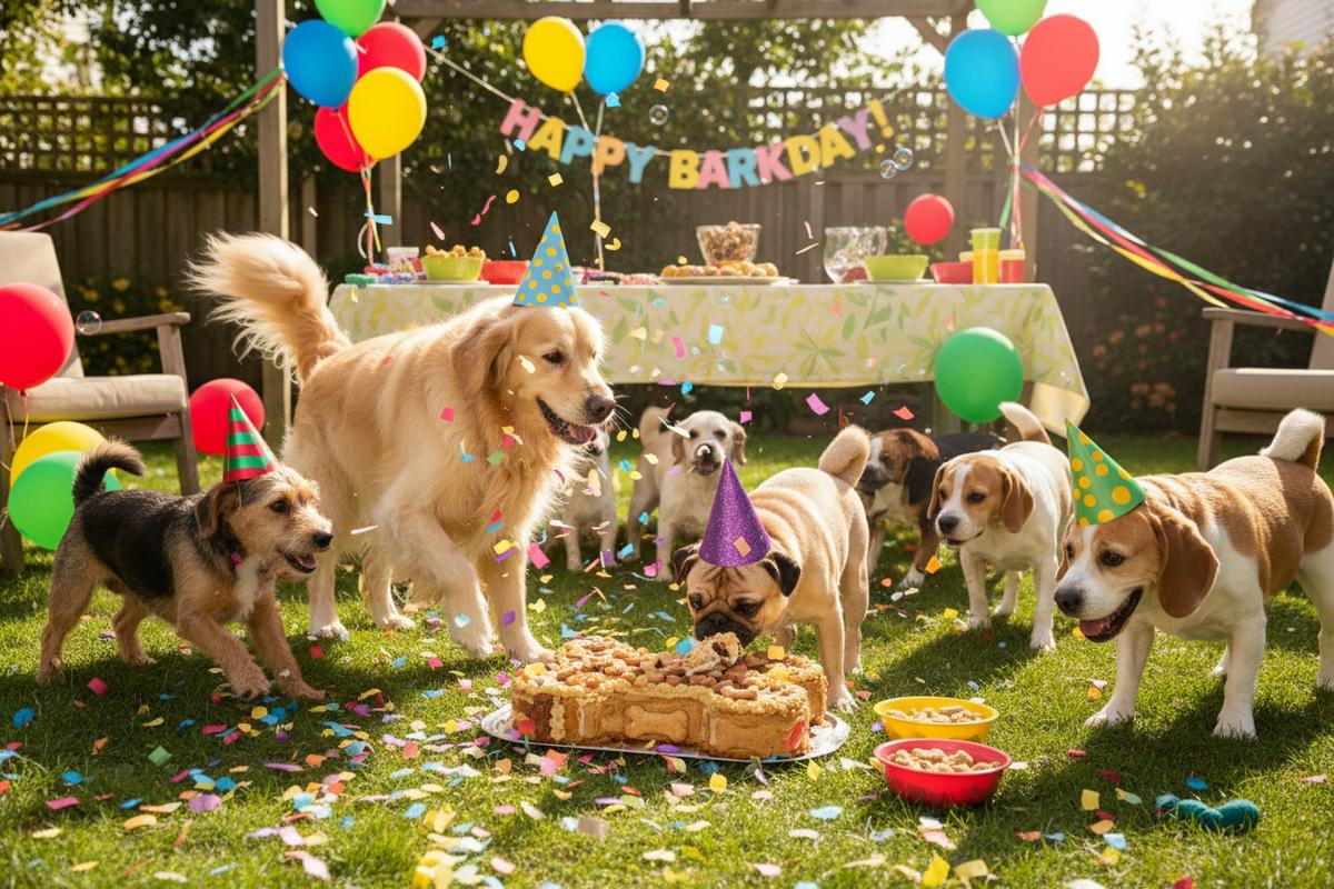Puppies celebrating a birthday party theme