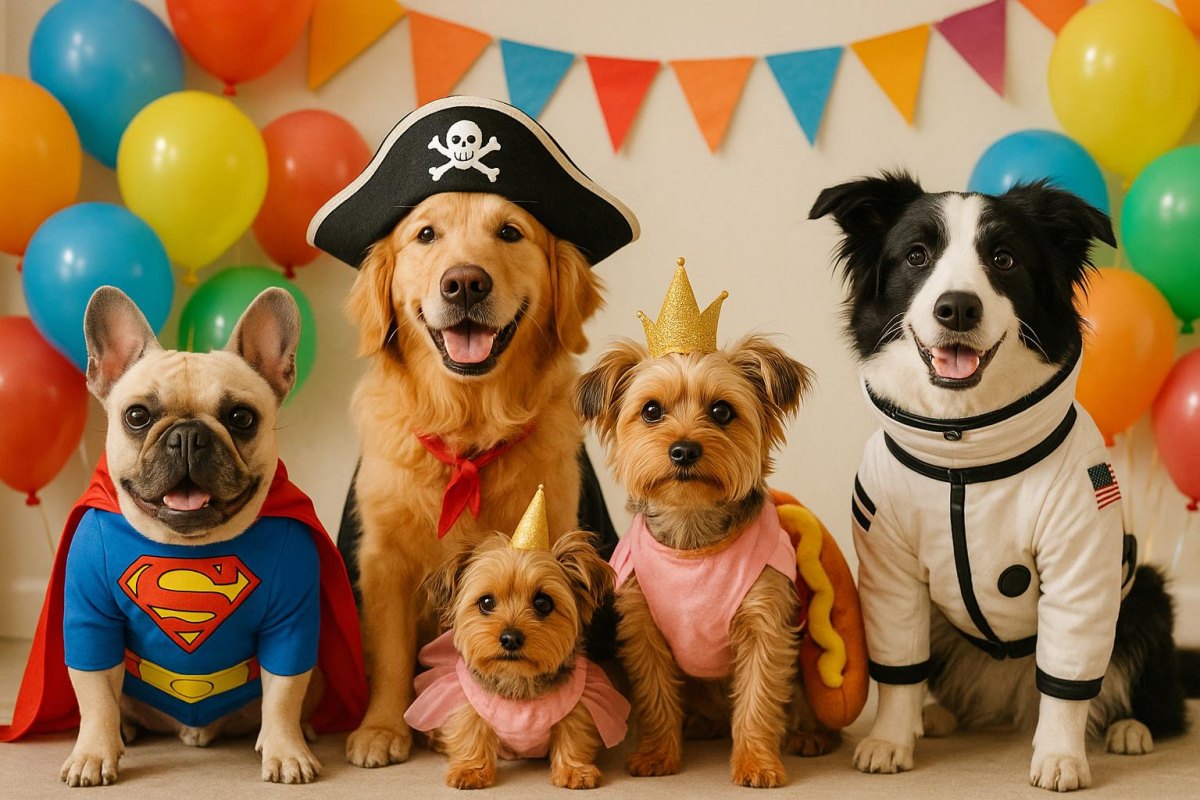 Puppies wearing cute photo booth accessories
