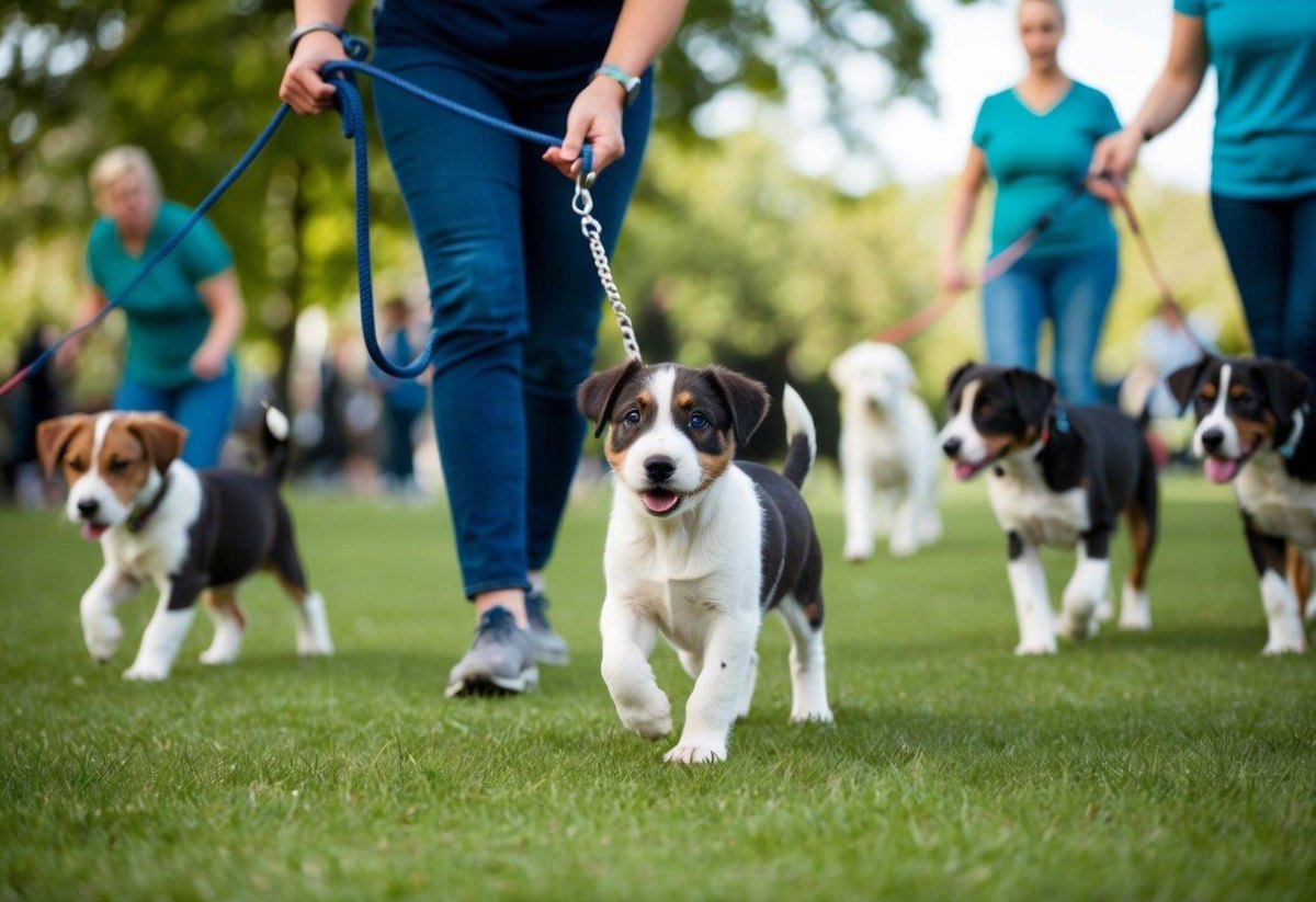 Puppies walking together on a social parade