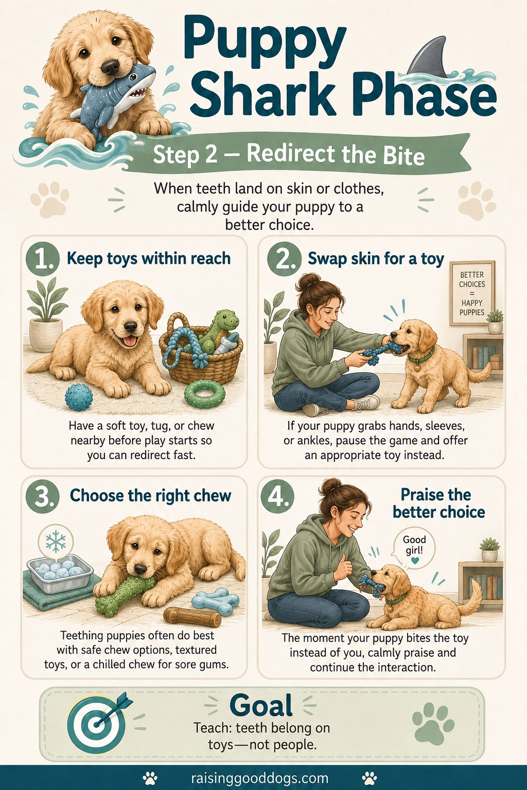 Redirecting the puppy shark phase by swapping a hand for a soft chew toy during playtime.
