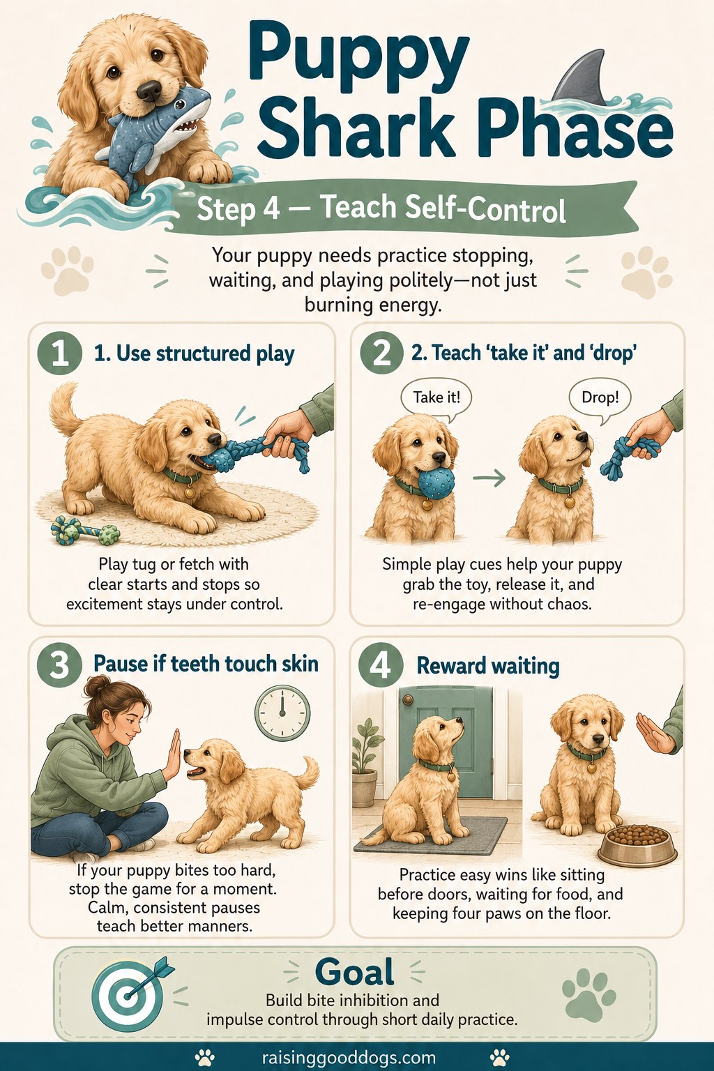 Teaching self-control during the puppy shark phase with structured tug play and a gentle drop cue.