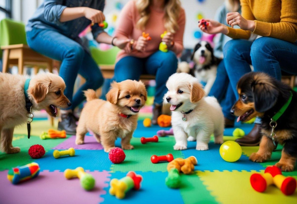 Puppies playing with shared party toys