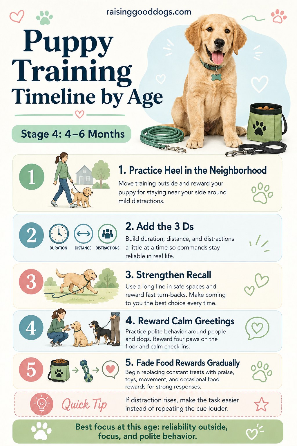 Puppy training timeline stage for four to six month old puppies practicing heel and recall outdoors