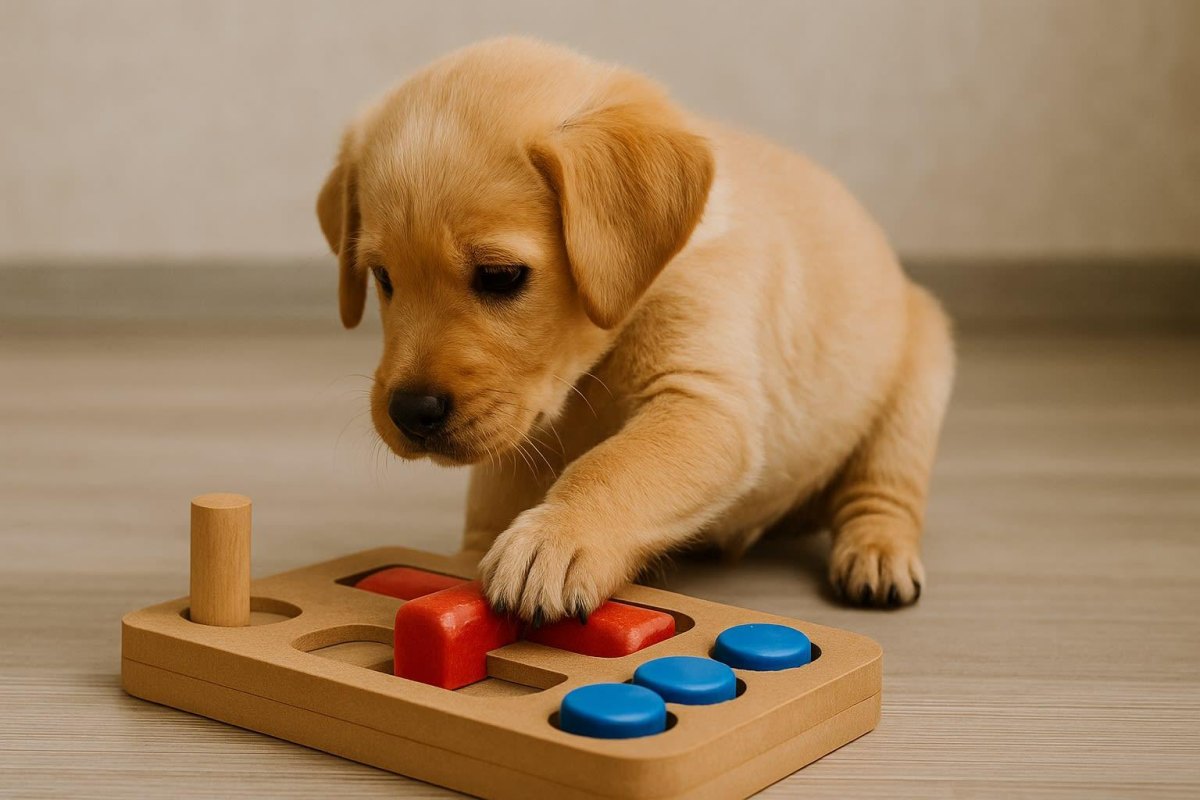 Puppy playing with puzzle toy