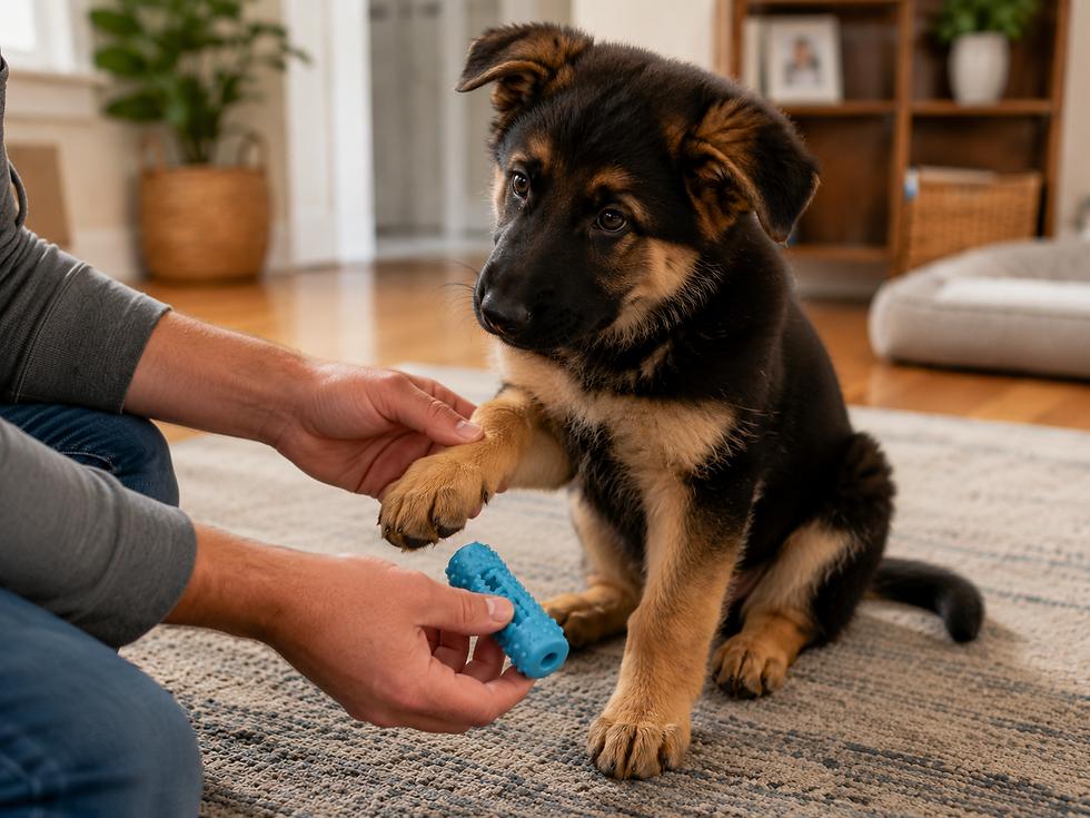 Owner redirecting puppy to chew toy