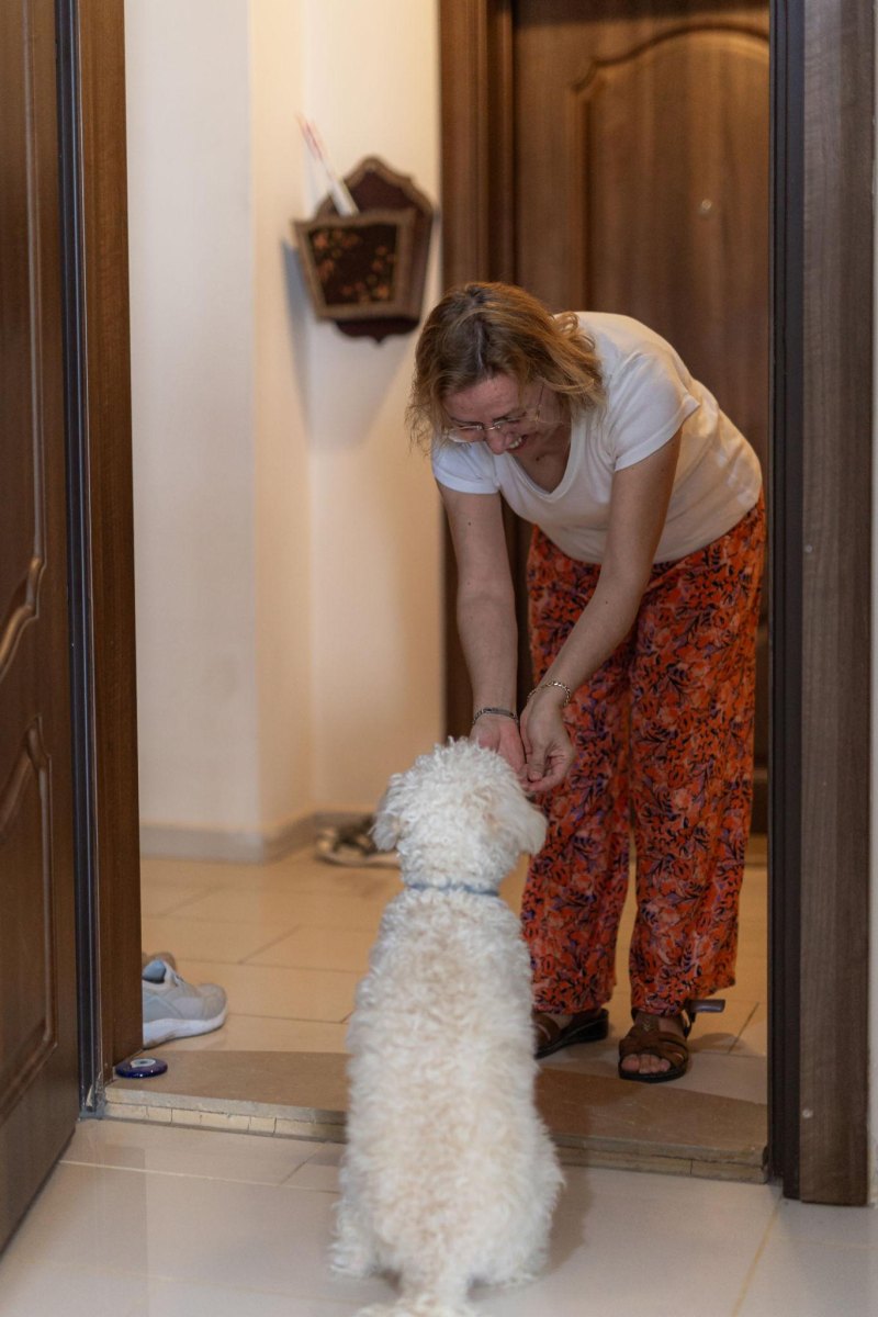 Puppy greeting house guests