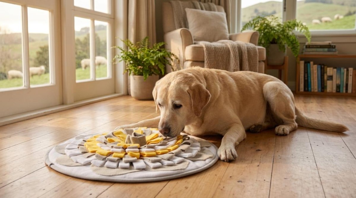 Relaxed dog enjoying enrichment