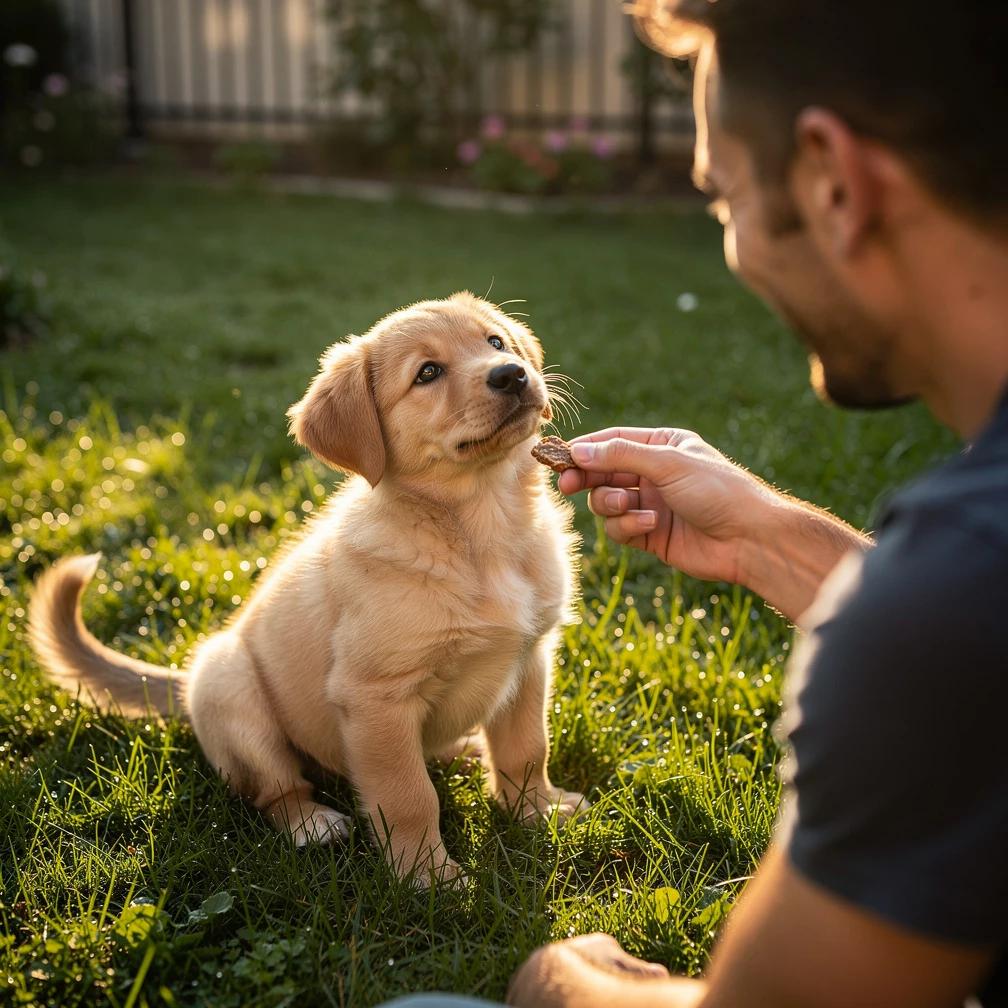 Owner rewarding puppy training