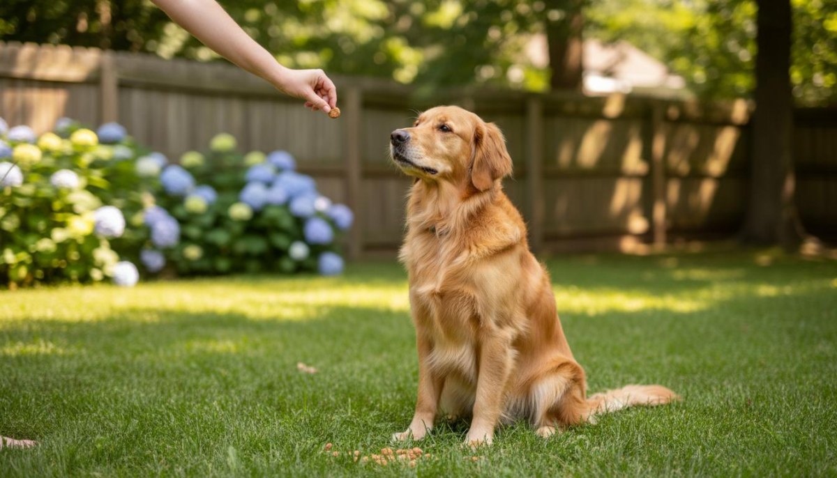 Calm dog receiving reward