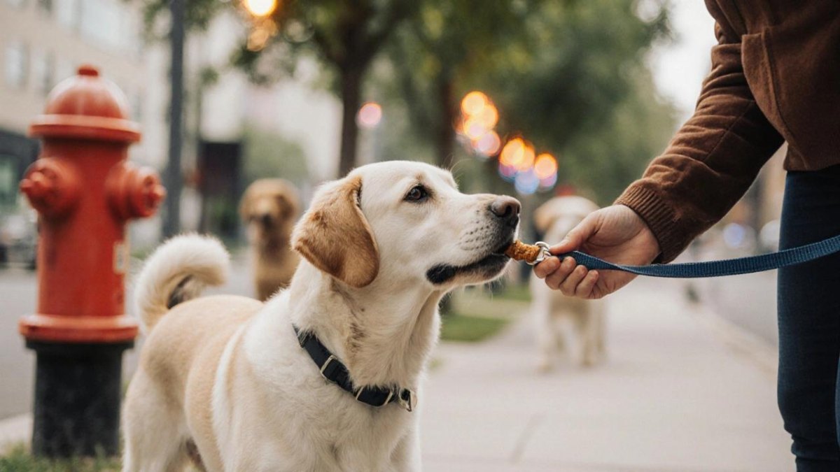 Dog receiving treat on walk