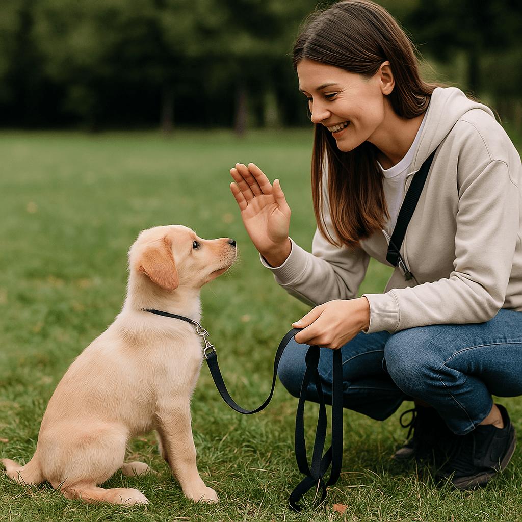 Puppy calmly greeting owner