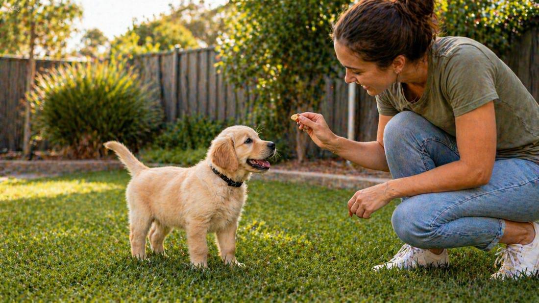 Owner rewarding puppy outside