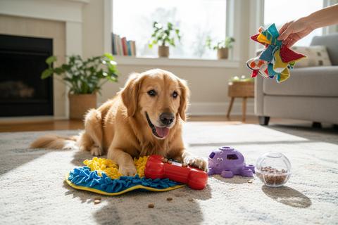 Dog playing with toy collection