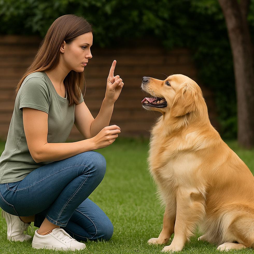 Owner training dog indoors
