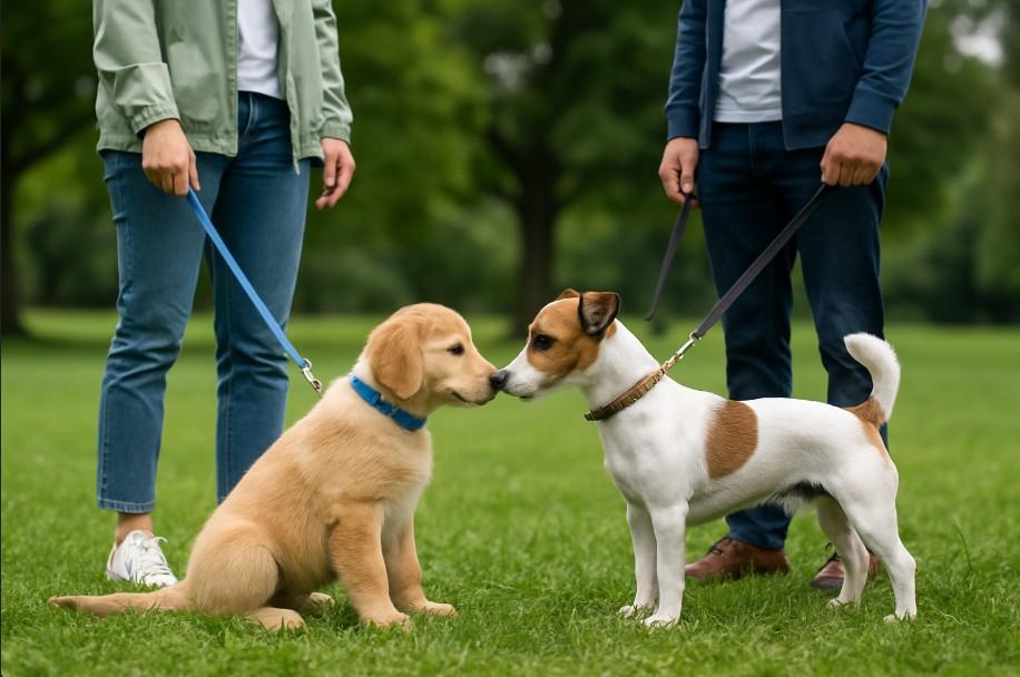 Puppy meeting friendly dog
