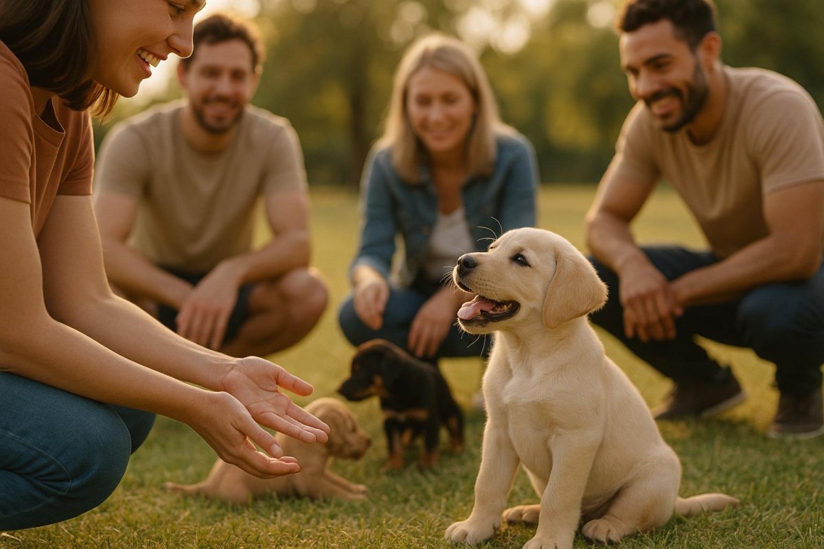 Puppy meeting friendly people