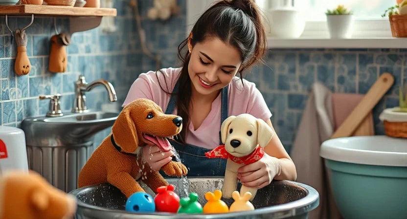 Sorting dirty puppy toys before washing