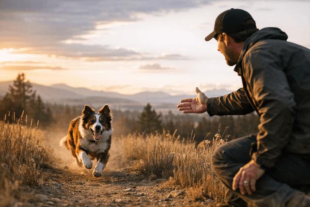 Dog responding to recall outdoors with owner