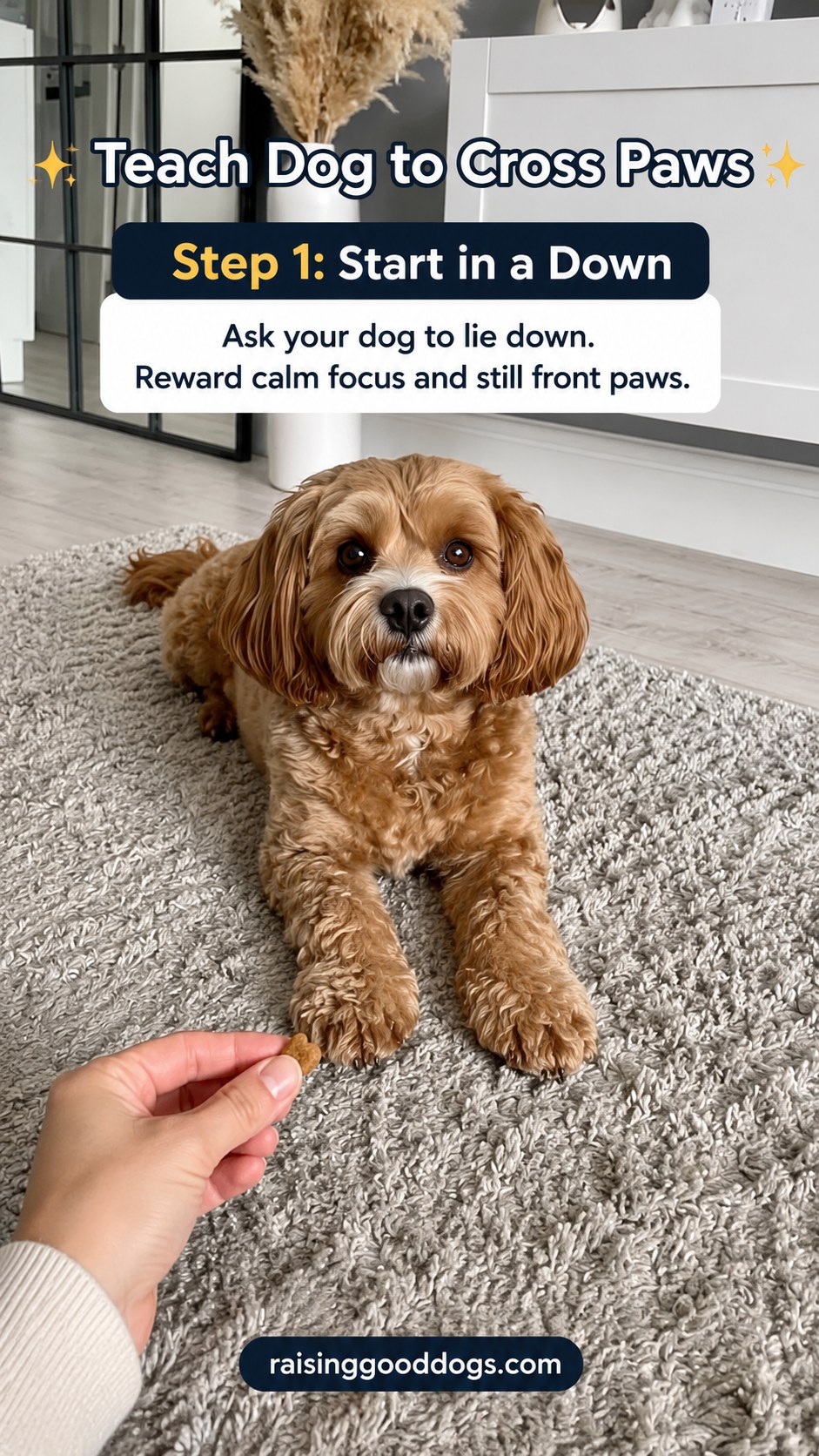 Cavapoo settled calmly in a down-stay, the first step to teach dog cross paws with treats