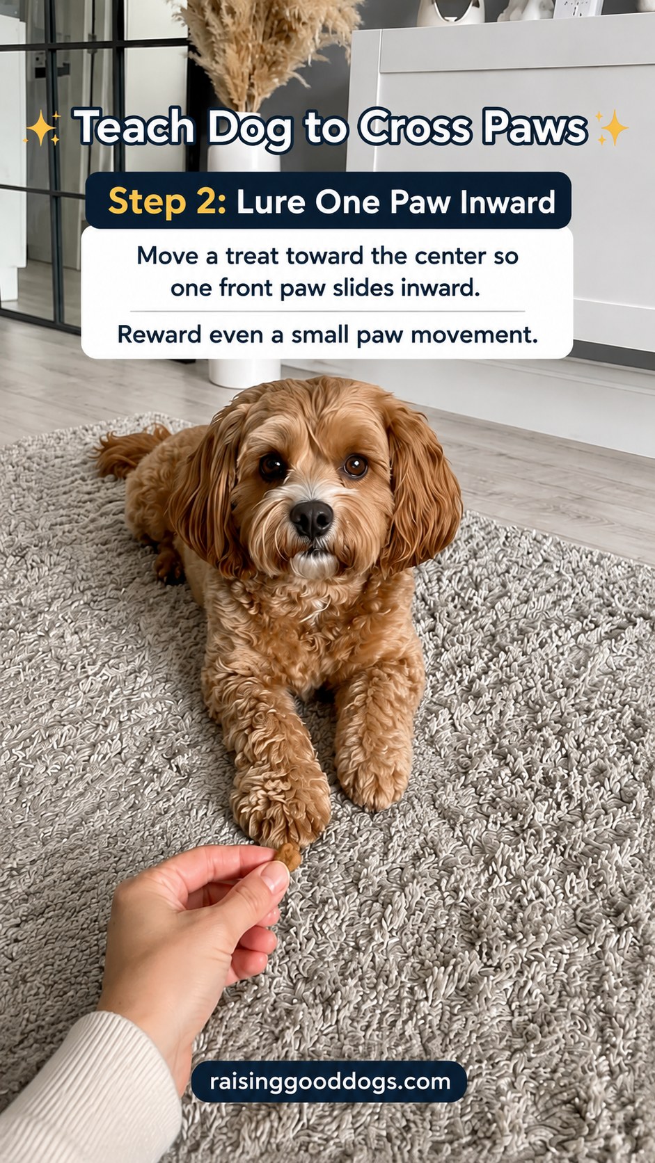 Trainer's hand luring a treat inward to teach dog cross paws by sliding one front paw in